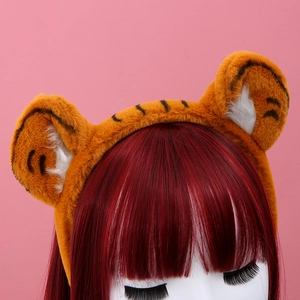 Cute plush white tiger ear headband with black stripes for costume parties and festivals