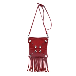Retro red motorcycle bag with silver rivets and long tassel on white background