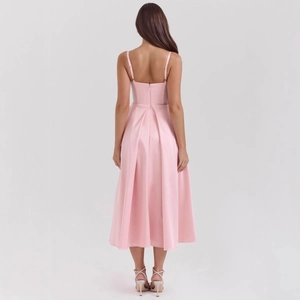 Pink V-neck backless midi dress with spaghetti straps and A-line pleated skirt