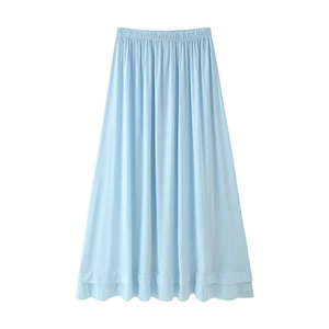Close-up of light blue high waist long skirt with elastic waistband and A-line cut