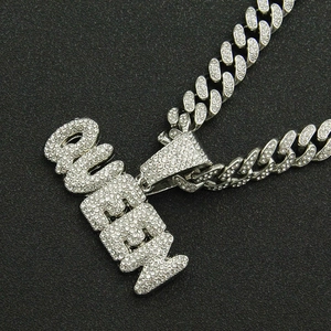 Silver Cuban link necklace with iced out QUEEN letter pendant for hip hop style