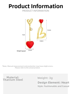 Detailed size chart for red heart asymmetric tassel earrings made of titanium steel