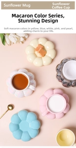 Close-up of colorful ceramic sunflower mugs and saucers in vibrant macaron pastel colors