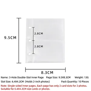 Macro view of 3-hole laser sparkling photo album refill pages with size measurements