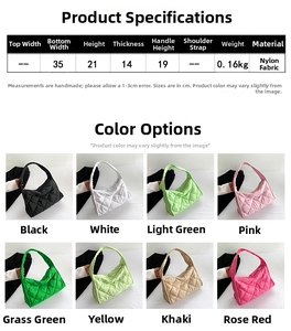 Detailed size chart for nylon quilted shoulder bag showing dimensions and lightweight material