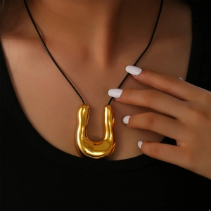 Minimalist titanium steel U-shaped gold pendant necklace with black braided leather cord