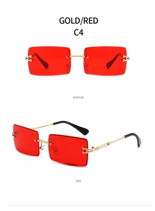 Detail view showing frameless rectangle sunglasses with gold frame and red ocean lenses