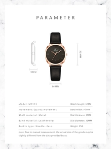 Detailed parameter diagram for square women's quartz watch with leather band