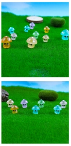 Close-up of miniature resin mushroom spirits on artificial turf in a micro landscape