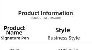 Detailed specification sheet for business rollerball pen showing product features and style