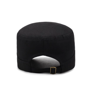 Rear view of black cotton cadet cap with adjustable bronze metal buckle and sport embroidery