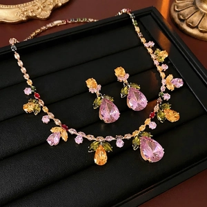Colorful zircon water drop leaf necklace and earrings set in luxury gold plating