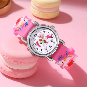 Pink unicorn kids watch with silicone strap and 3D decorative patterns for girls