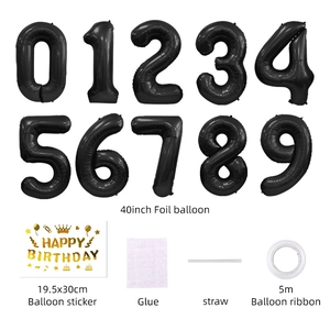 Détail des ballons chiffres noirs 40 pouces avec autocollants Happy Birthday et ruban