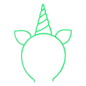 Green unicorn headband with spiral horn and ears on a clean white background