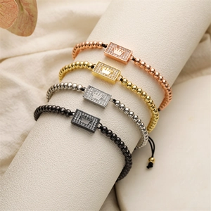 Crown Beaded Bracelet Zircon Rectangular Plaque Adjustable Braided Rope Punk Jewelry For Men Women Fashion Style