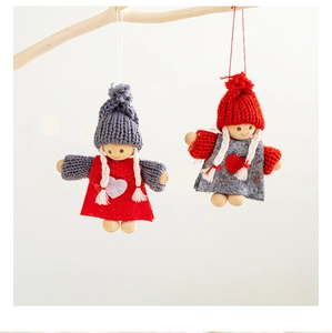 Handmade Christmas doll hanging ornaments with wooden details and knitted hats