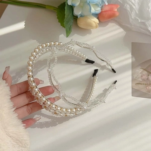 Double-layer headband with white faux pearls and clear faceted beads for women