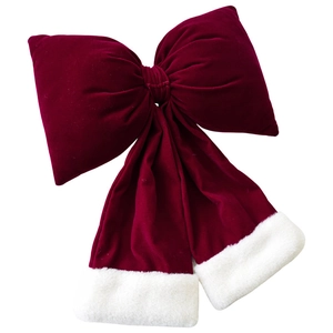 Large red velvet Christmas bow decoration with white faux fur trim on long ribbons