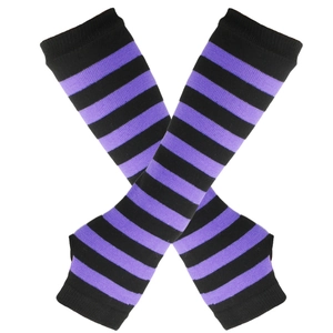 Close-up of black and purple striped knit arm warmers with functional thumb holes