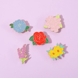 Five-piece floral enamel pin set with roses and lavender on a light purple background