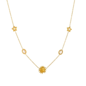 Gold plated stainless steel necklace with sun, stars and oval pendants with crystals