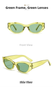 Detailed front and side view of trendy translucent green cat-eye sunglasses for women