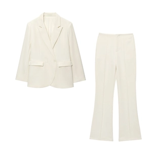 Femme Blazer Croisé Couleur Unie Et Pantalon Évasé Élégant Bureau Manches Longues Costume Streetwear Crème