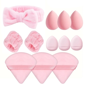 Detail of 12pcs pink flannel headband, wristbands, makeup sponges and powder puffs set