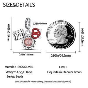 Detailed size view of silver heart teacup charm with dimensions and zircon inlay