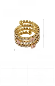 Detail view of multi-layer spiral ring with pink zircons and 11mm height dimension