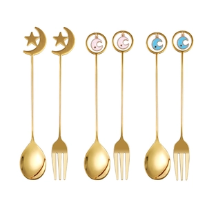 6-piece gold stainless steel dessert spoon and fork set with star and moon handles