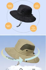 Detail of outdoor sun hat with breathable mesh side vents and adjustable windproof strap