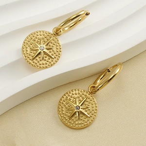 Vintage 18K gold plated stainless steel huggie earrings with starburst and zircon