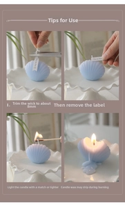 Detail showing shell scented candle with Save the Date tag and 4-step usage guide