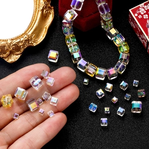 Cube crystal glass beads with aurora AB coating for DIY necklace and jewelry making
