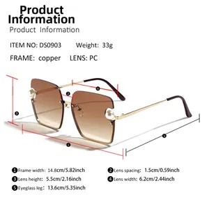 Detailed size specifications for square metal sunglasses with pearl temple accents