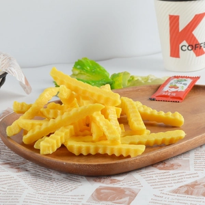 Lifelike PVC crinkle cut French fries model on wooden tray for restaurant props