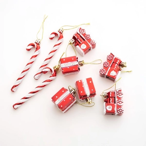 9-piece red and white Christmas tree ornaments set with candy cane and train shapes