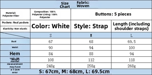 Detailed size chart for women's white sleeveless blazer top with 100% polyester fabric