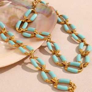 Elegant 18K gold-plated stainless steel chain necklace with light blue enamel links