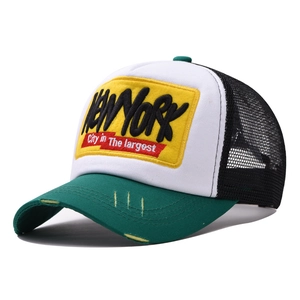 Distressed NEW YORK trucker hat with green brim and black breathable mesh back