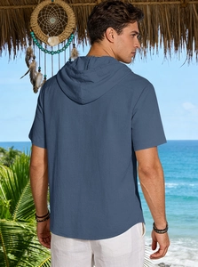 Men's blue linen hooded short sleeve shirt featuring back pleat detail and casual cut