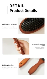 Detailed close-up of natural lotus wood handle and pure boar bristle hairbrush texture