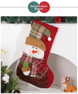 Detailed view of a festive red Christmas stocking featuring a 3D snowman with plaid accents