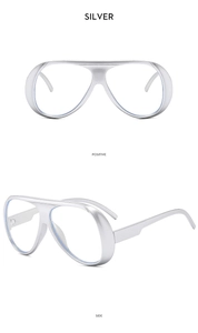 Front and side views of silver oversized sports sunglasses with matte metallic frames