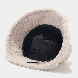 Women's warm plush bucket hat in beige fleece with adjustable lining for autumn winter