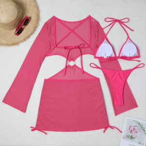 Detailed flat lay of fuchsia mesh hollow-out three-piece bikini set with sun hat and sunglasses