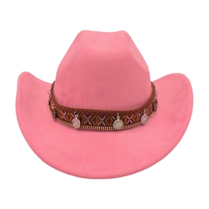 Detail of pink felt cowboy hat with ethnic woven band and silver metal charms