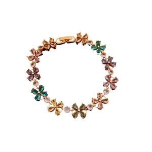 Colorful zircon flower clover bracelet with gold plating and vibrant petal shaped gemstones